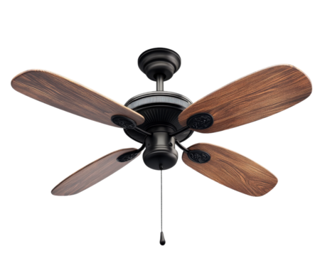 ceiling fan with wooden blades and black motor is isolated on transparency background, showcasing its elegant design and functionality