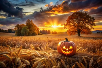 Spooky Halloween Landscape: Jack-o'-Lantern in Autumn Field at Sunset