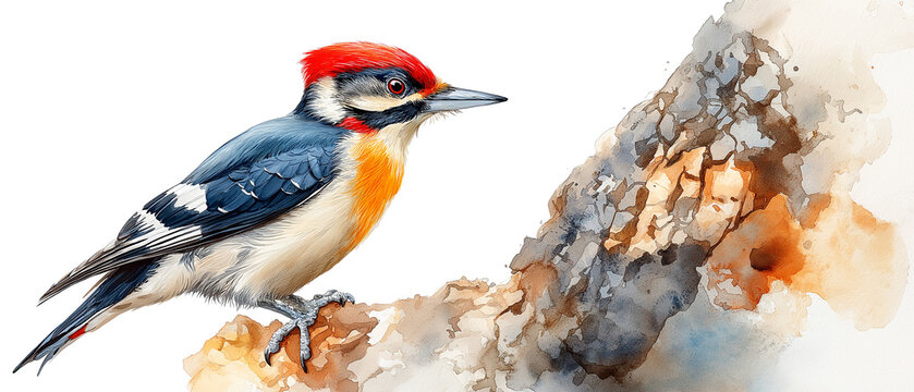Red-Headed Woodpecker Watercolor Illustration: This vibrant watercolor illustration captures the beauty of a red-headed woodpecker perched on a tree trunk.