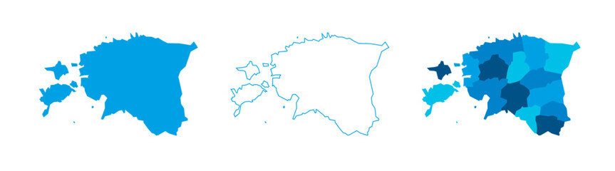 Estonia set of three maps - solid map, outline map and map highlighting administrative divisions. Three distinct maps illustrate various representations of a geographical area.