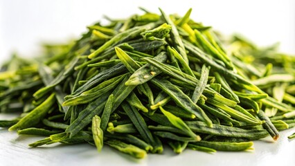 High-resolution culinary image:  Japanese Bancha and green tea leaves, meticulously photographed against a pristine white backdrop.