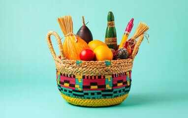 A colorful woven basket with Kwanzaa symbolic items and decorative accents, on a light blue background