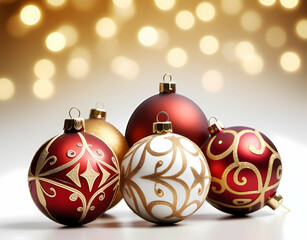 Christmas toys in the shape of red and gold baubles with glitter designs on a white background. Generative AI