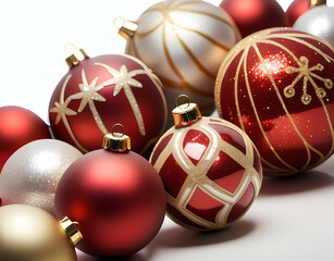 Christmas toys in the shape of red and gold baubles with glitter designs on a white background. Generative AI