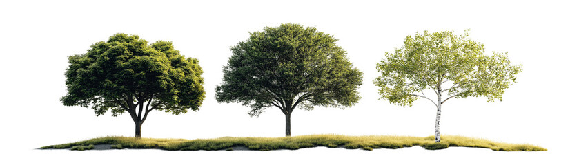 Obraz premium Three Trees in a Row: A trio of majestic trees stand tall, their branches reaching towards the sky, creating a serene and peaceful landscape. The gentle breeze rustles their leaves.