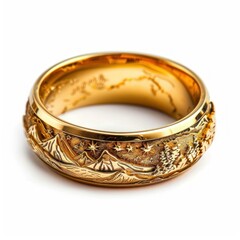 Golden ring depicting mountains, trees and starry sky, isolated on white background