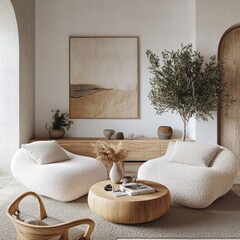 A cozy yet modern living room with a soft color palette, oversized comfortable chairs, fluffy throw pillows, and natural elements like light wood and plants