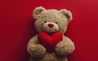 A cuddly teddy bear holding a red heart, for valentines day, on a bright red background