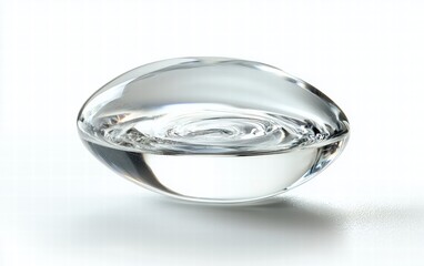 A crystal-clear droplet of water suspended mid-air with intricate reflections, on a bright white background