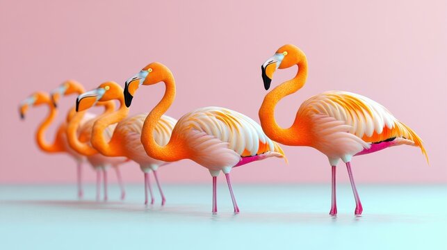 Pink Birds. Bright pink flamingos standing together on turquoise floor - Powered by Adobe