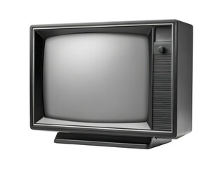 vintage black and white television set with classic design, featuring boxy shape and knob for channel selection, isolated on transparency background