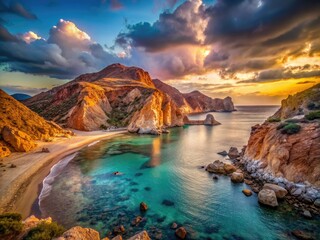 Naklejka premium Kapros Beach, Milos: Dramatic low-light photography captures volcanic rock and turquoise sea.