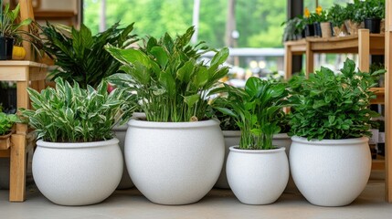 Outdoor garden center features large stone plant pots, showcasing a variety of plants and trees for customers interested in gardening