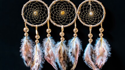 Feather Decor. Dreamcatchers with beige feathers and beads hanging on