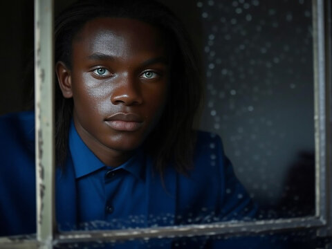 Un retrato de un hombre de color con ojos claros y traje azul tras una ventana. retratos de hombres. hombre negro