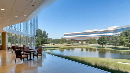 Modern Office Building With Outdoor Patio And Pond View
