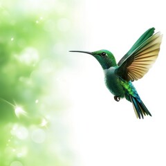 Fototapeta premium A vibrant hummingbird hovers gracefully against a soft, blurred green background, showcasing its iridescent feathers and delicate wings.