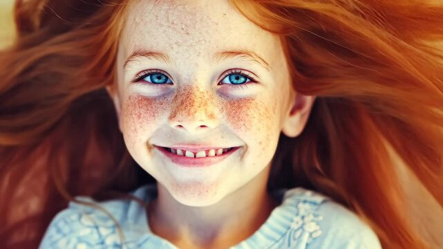 Young girl with red hair and freckles smiles happily, showcasing vibrant personality on a sunny day