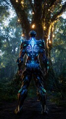 Fototapeta premium Futuristic Cyborg in Enchanted Forest Sci Fi Fantasy Digital Art 3D Render