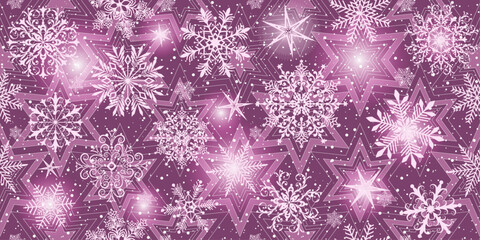 Seamless vector winter pink pattern with doodle snowflakes and stars and spots on dark rose background