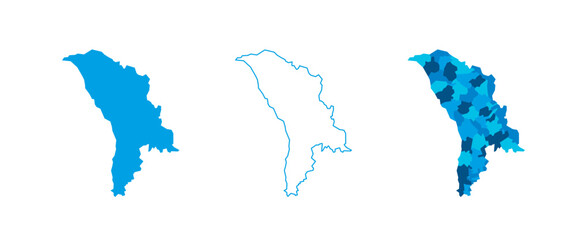 Moldova set of three maps - solid map, outline map and map highlighting administrative divisions. Three distinct maps illustrate various representations of a geographical area.