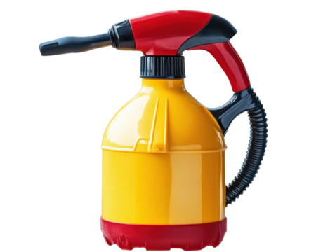 vibrant yellow and red garden sprayer with black nozzle and ergonomic handle, isolated on transparency background, ideal for gardening tasks