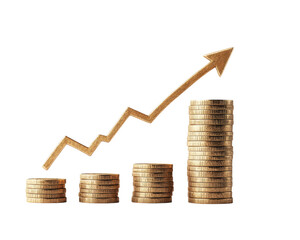 stack of golden coins increasing in height with rising arrow symbolizing financial growth and success. image conveys sense of economic prosperity and investment potential