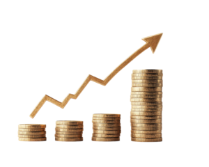 stack of golden coins increasing in height with rising arrow symbolizing financial growth and success. image conveys sense of economic prosperity and investment potential