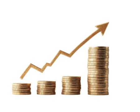 stack of golden coins increasing in height with rising arrow symbolizing financial growth and success. image conveys sense of economic prosperity and investment potential