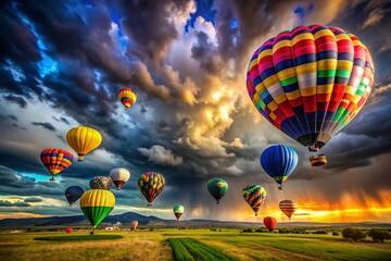 Fototapeta premium Stormy Sky Balloons: Dramatic Bokeh Photography of Colorful Hot Air Balloons Ascending into a Dark and Moody Atmosphere