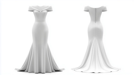 White formal wedding dress mockup front and back view isolated on white background for brand presentation

