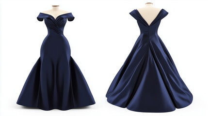 Naklejka premium Navy blue formal dress mockup front and back view isolated on white background for brand presentation
