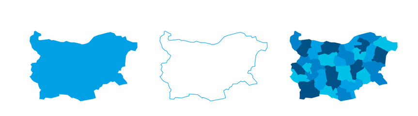Bulgaria set of three maps - solid map, outline map and map highlighting administrative divisions. Three distinct maps illustrate various representations of a geographical area.