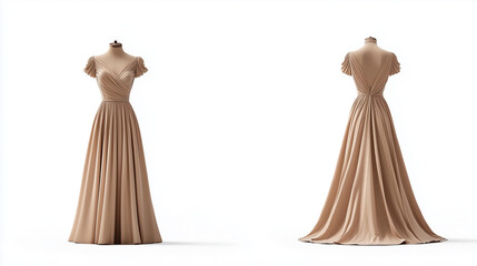 Beige formal dress mockup front and back view isolated on white background for brand presentation

