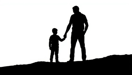 Silhouette of a father and son holding hands against a bright horizon at sunset