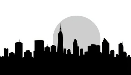 Obraz premium Urban skyline silhouettes at dusk with a full moon illuminating the horizon in a tranquil setting