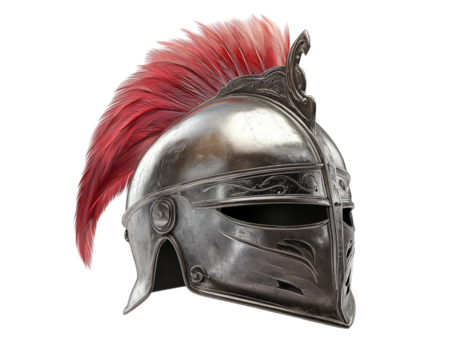 knight helmet with feathered plume, featuring intricate metalwork and striking red feather, isolated on transparency background