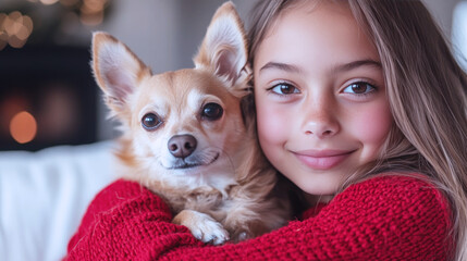 Hispanic girl playing with chihuahua dog pet in living room, wearing knitted sweater