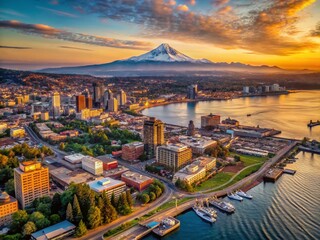Obraz premium Stunning Aerial View of Tacoma, Washington Skyline at Sunset