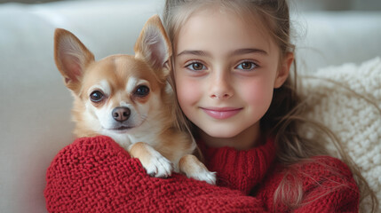 Australian girl playing with chihuahua dog pet in living room, wearing knitted sweater