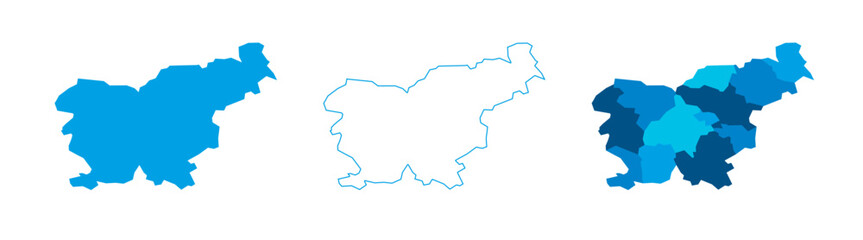 Slovenia set of three maps - solid map, outline map and map highlighting administrative divisions. Three distinct maps illustrate various representations of a geographical area.