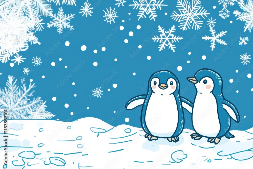 Poster charming penguins enjoying a snowy winter wonderland with falling snowflakes surrounding them. gener