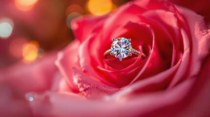 Valentine's Day Diamond Ring, Red Rose, Romantic Proposal