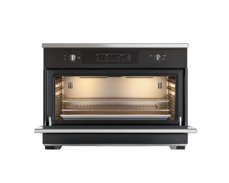 modern microwave oven with open door, showcasing its interior design and features, isolated on transparency background