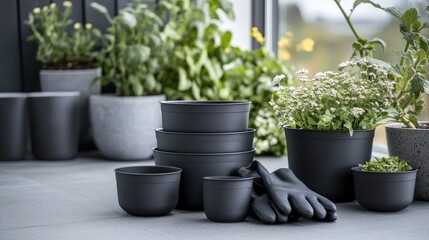 Fototapeta premium Black flower pots and gray planters arranged on a terrace, accompanied by gardening gloves and tools, ready for planting activities