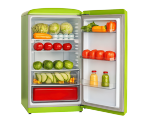 modern green refrigerator with open doors reveals fresh vegetables and drinks inside, showcasing vibrant and organized interior. fridge is isolated on transparency background