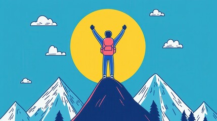 Reaching New Heights: A solitary figure stands triumphant atop a mountain peak, arms raised in victory against a backdrop of majestic snow-capped peaks and a radiant sun.