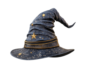 moonlit mage hat with starry patterns and gold accents, isolated on white