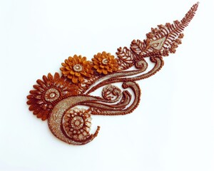 Obraz premium Intricate henna design featuring floral patterns and swirls on a white background.