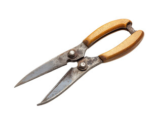 pair of vintage pruning shears with wooden handles and rusted metal blades isolated on transparency background, showcasing rustic and aged appearance